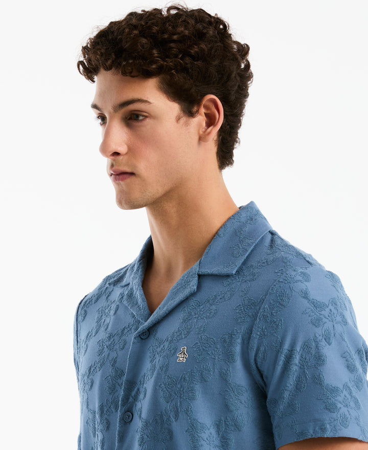 Terry Jacquard Hawaiian Button Front Shirt (Copen Blue) 