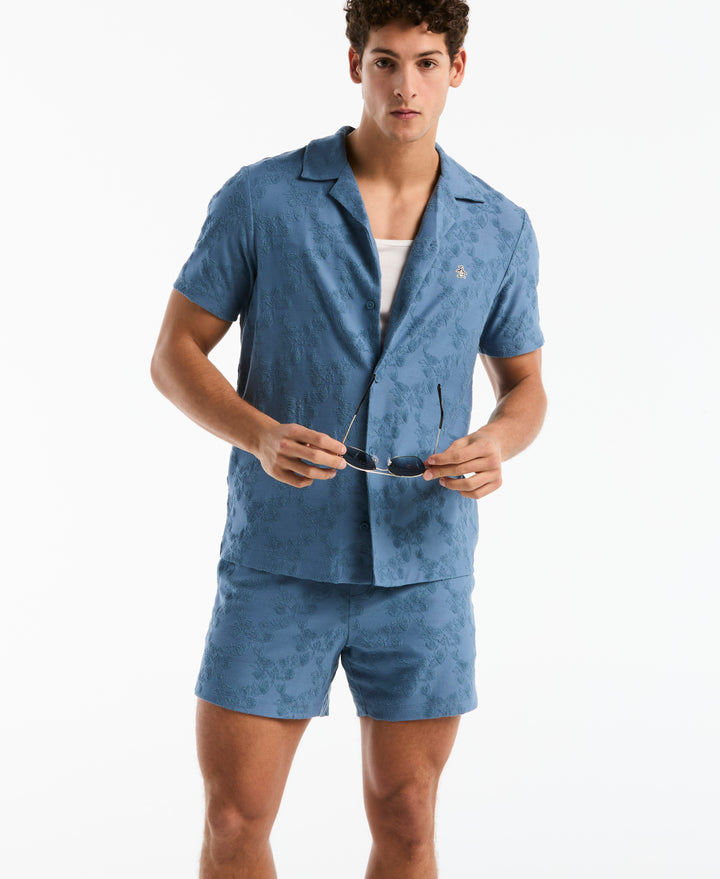Terry Jacquard Hawaiian Button Front Shirt (Copen Blue) 