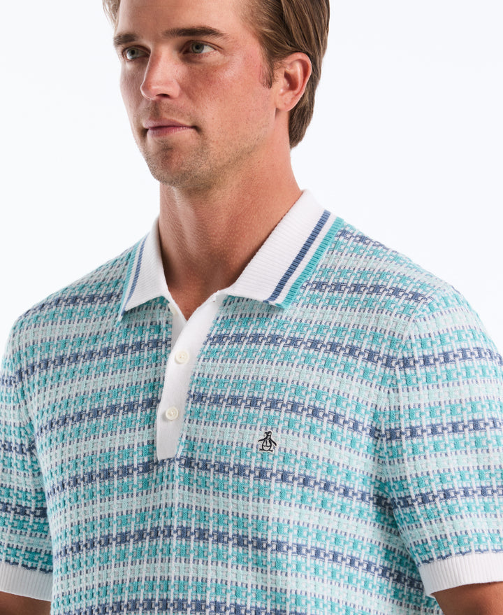 Cotton Textured Jacquard Sweater Polo (Bright White) 