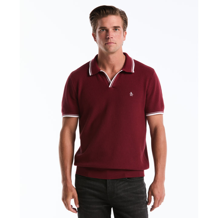 Textured Johnny Collar Sweater Polo-Polos-Cabernet-XS-Original Penguin