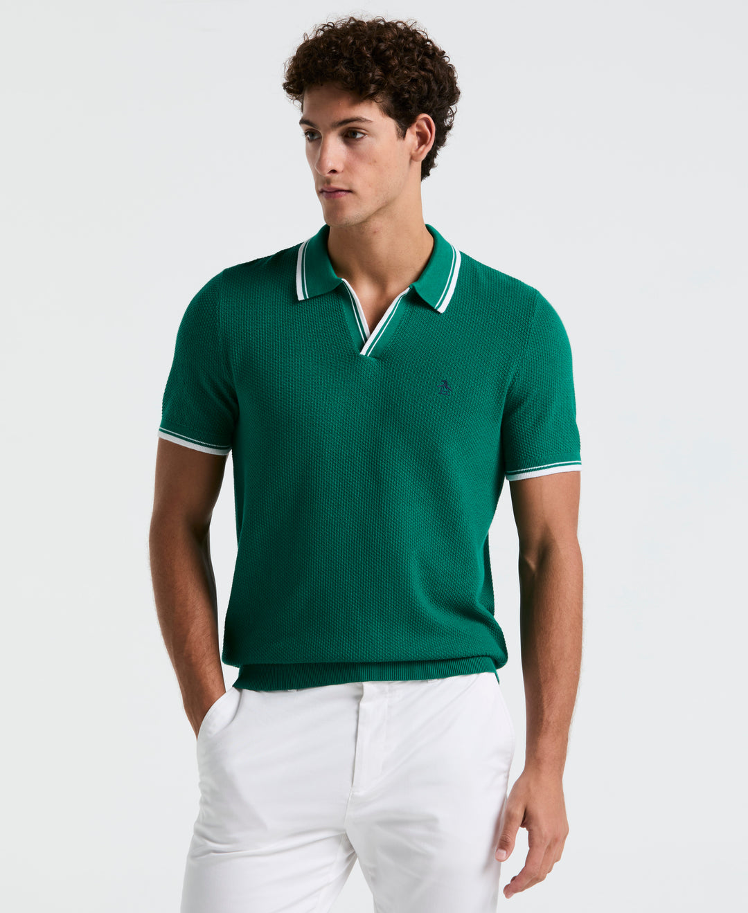 Textured Johnny Collar Sweater Polo (Cadmium Green) 