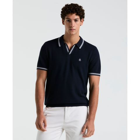 Textured Johnny Collar Sweater Polo (Dark Sapphire) 