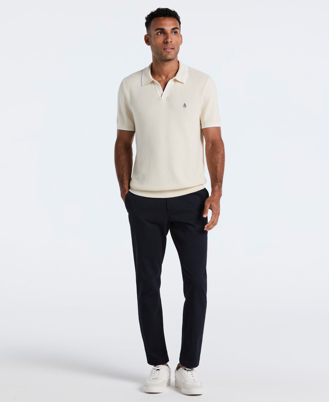 Cotton Johnny Collar Sweater Polo (Birch/White) 