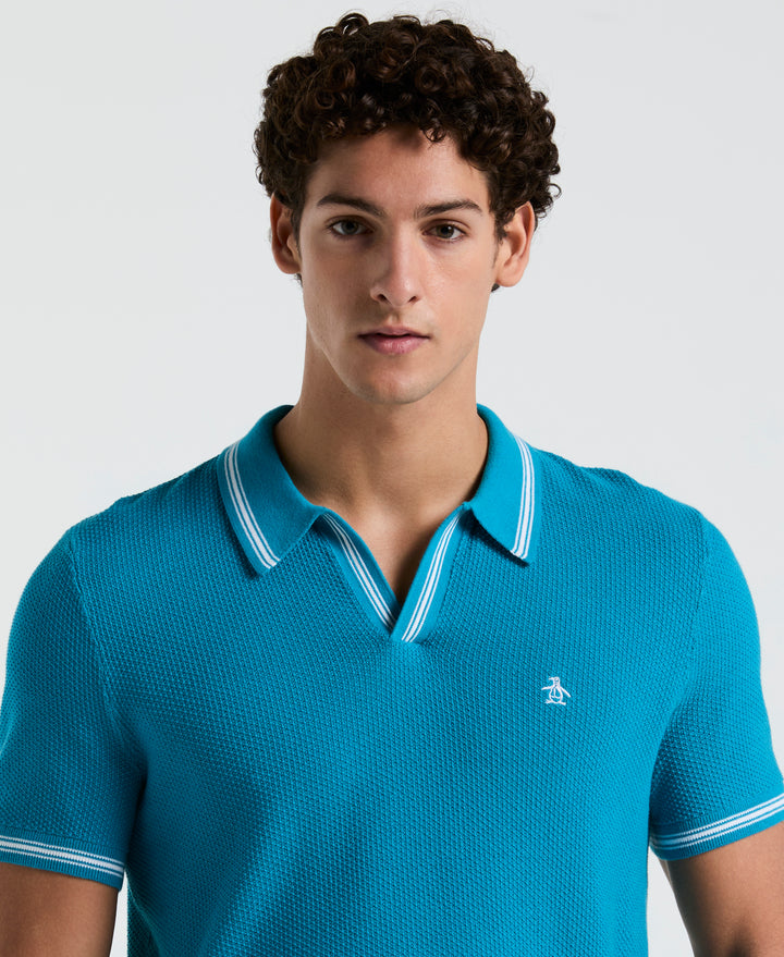 Textured Johnny Collar Sweater Polo (Mosaic Blue) 