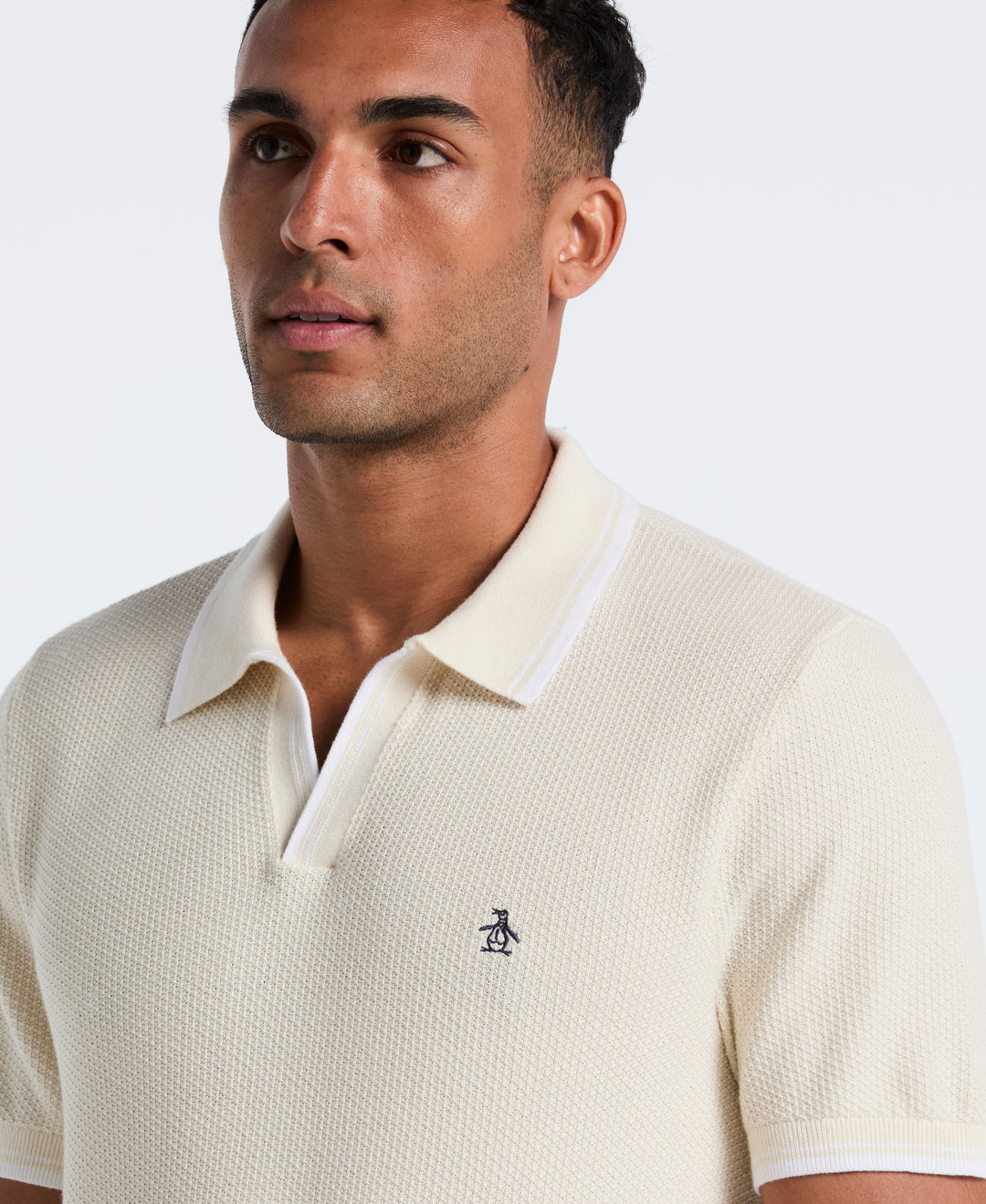 Cotton Johnny Collar Sweater Polo (Birch/White) 