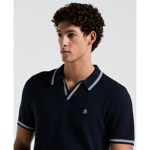 Textured Johnny Collar Sweater Polo (Dark Sapphire) 