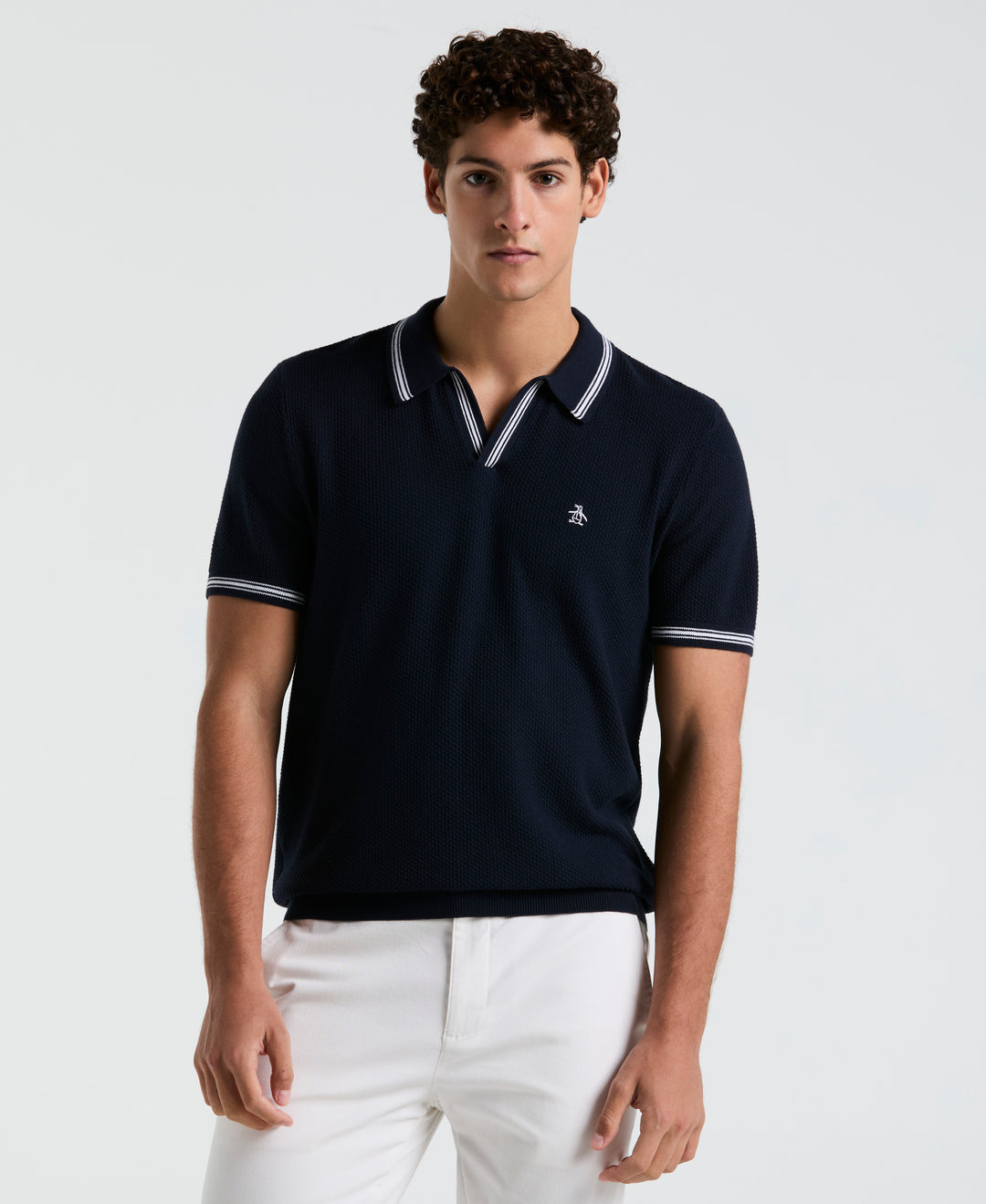 Textured Johnny Collar Sweater Polo (Dark Sapphire) 