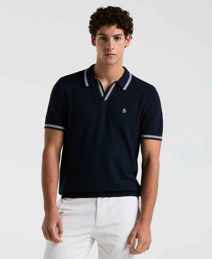 Textured Johnny Collar Sweater Polo (Dark Sapphire) 