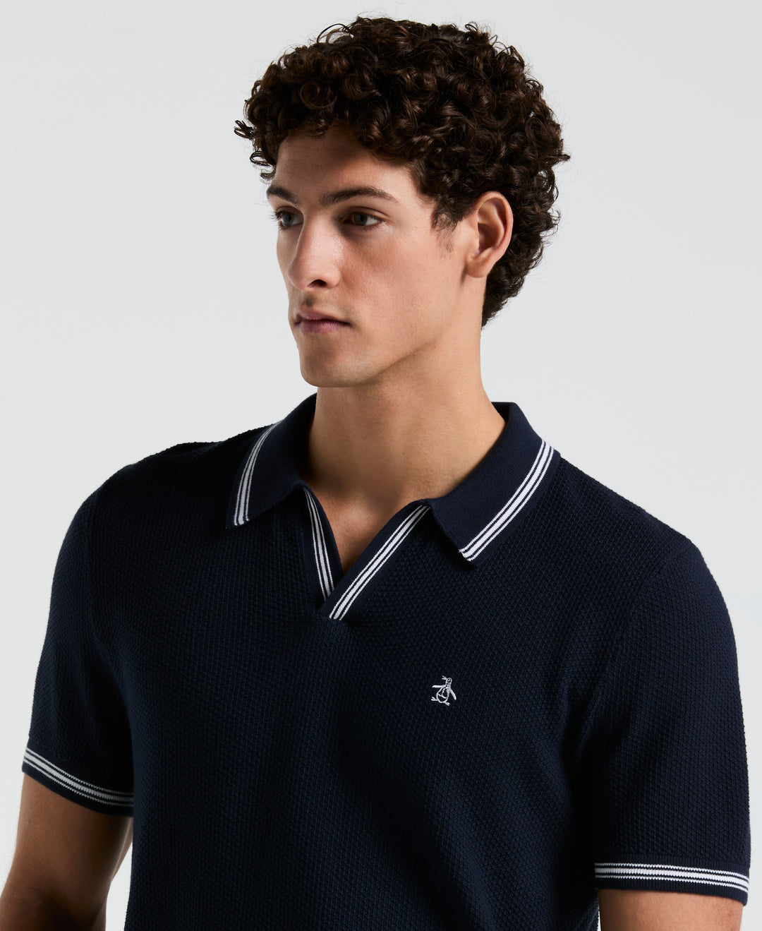 Textured Johnny Collar Sweater Polo (Dark Sapphire) 