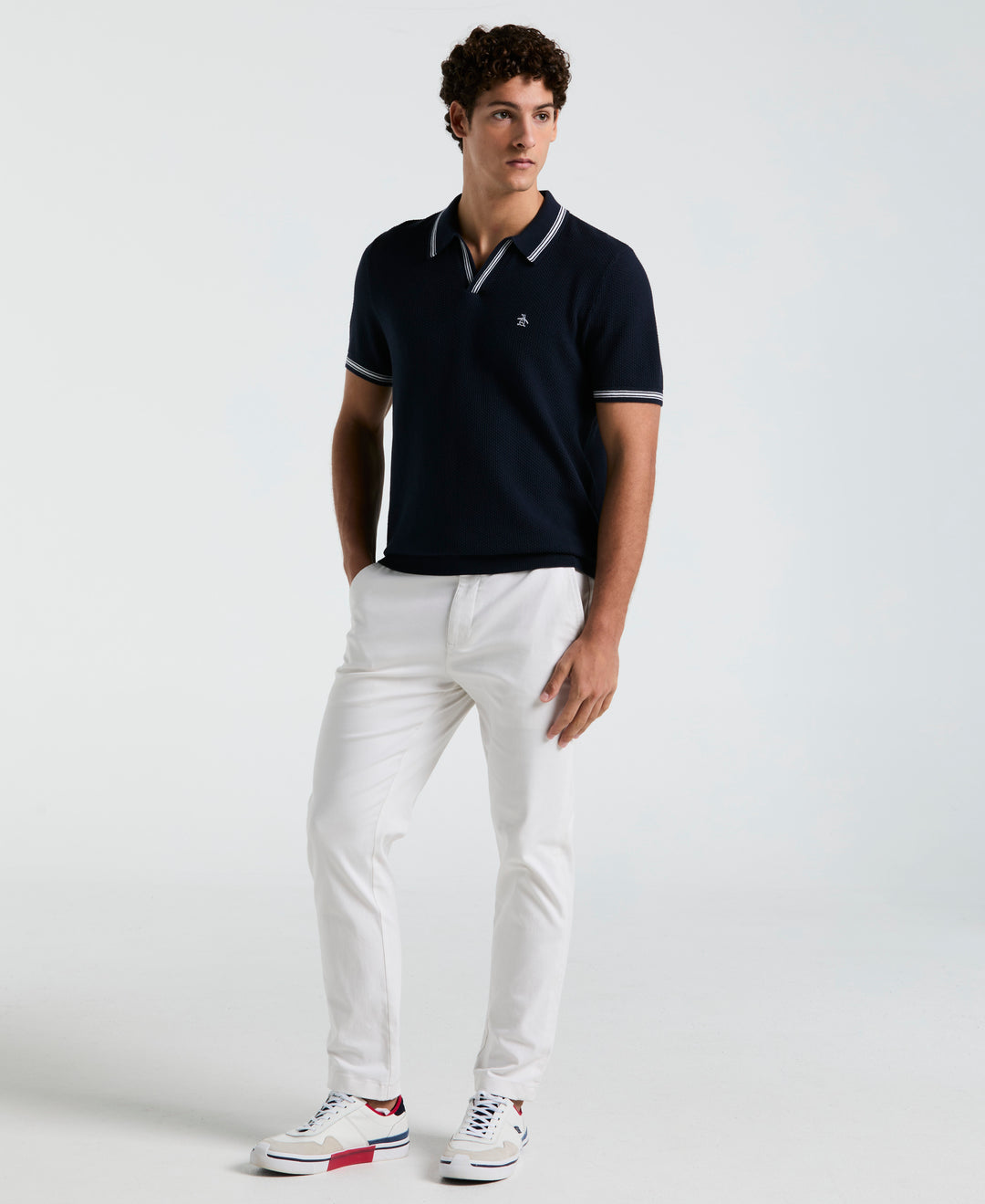 Textured Johnny Collar Sweater Polo (Dark Sapphire) 