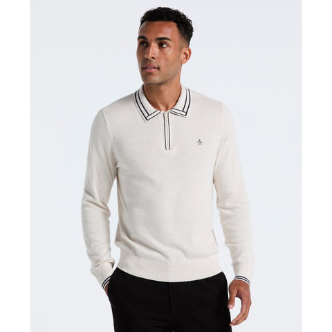 Cotton Tipped Quarter Zip Sweater Polo (Birch Htr) 