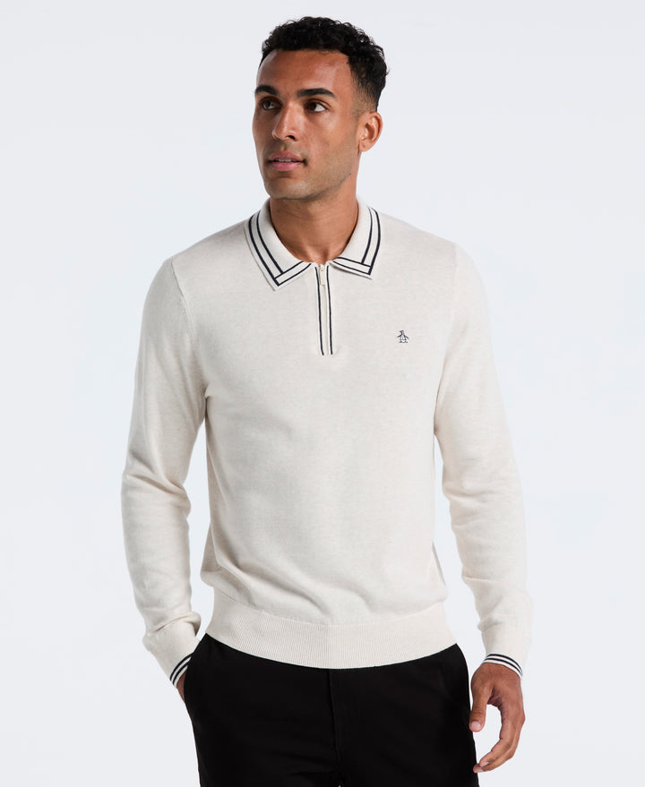 Cotton Tipped Quarter Zip Sweater Polo (Birch Htr) 