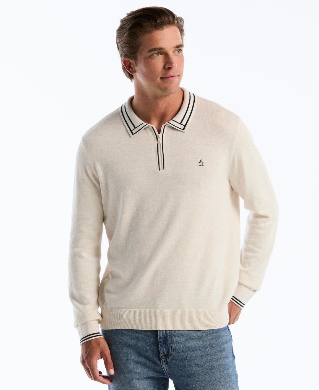Tipped Quarter Zip Sweater Polo-Polos-Birch-XS-Original Penguin
