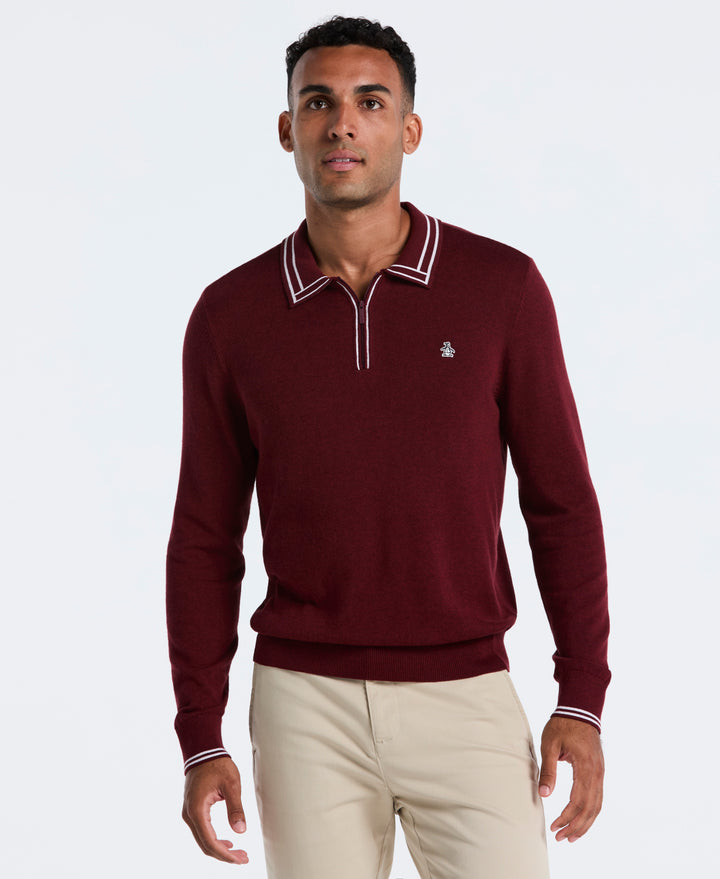 Cotton Tipped Quarter Zip Sweater Polo (Cabernet Htr) 