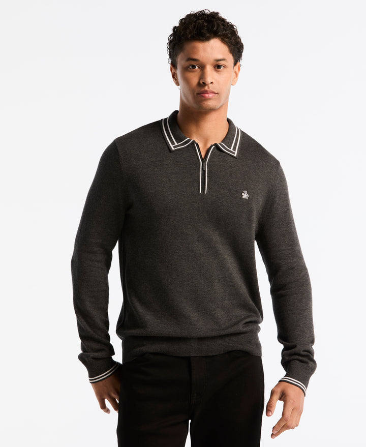 Cotton Tipped Quarter Zip Sweater Polo (Dk Charcoal Heather) 