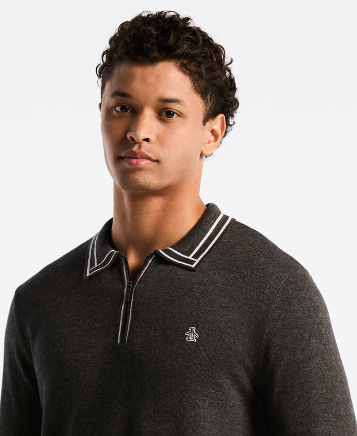 Cotton Tipped Quarter Zip Sweater Polo (Dk Charcoal Heather) 