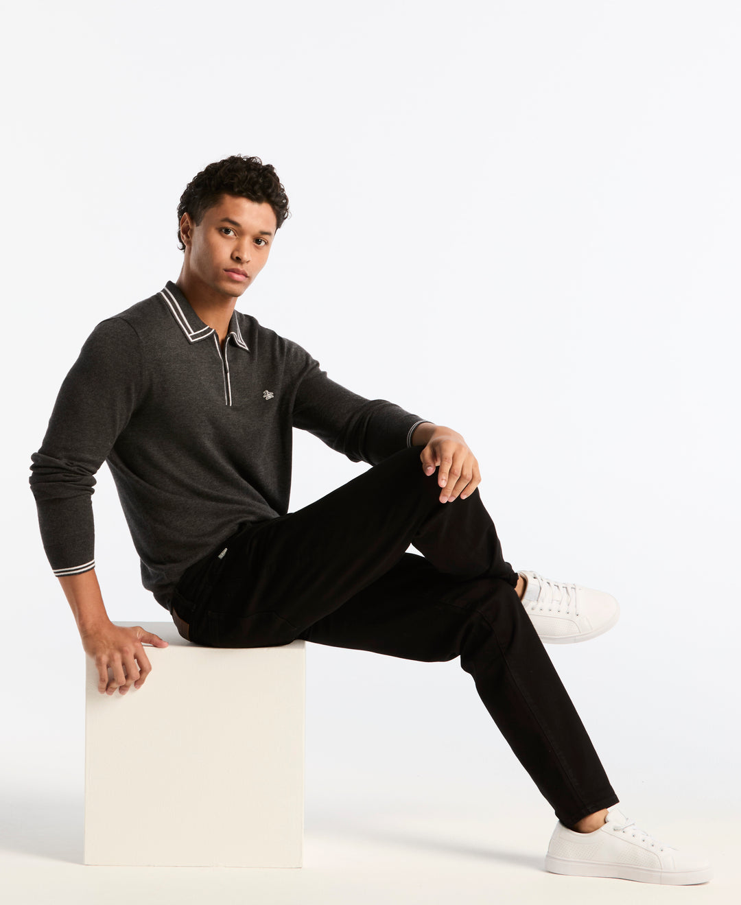 Cotton Tipped Quarter Zip Sweater Polo (Dk Charcoal Heather) 