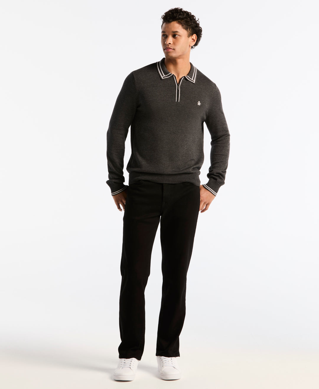 Cotton Tipped Quarter Zip Sweater Polo (Dk Charcoal Heather) 