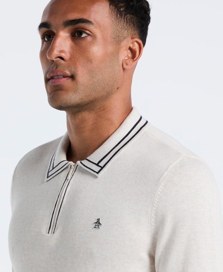 Cotton Tipped Quarter Zip Sweater Polo (Birch Htr) 