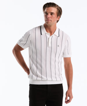 Cotton Vertical Mesh Stripe Polo Sweater (Bright White) 