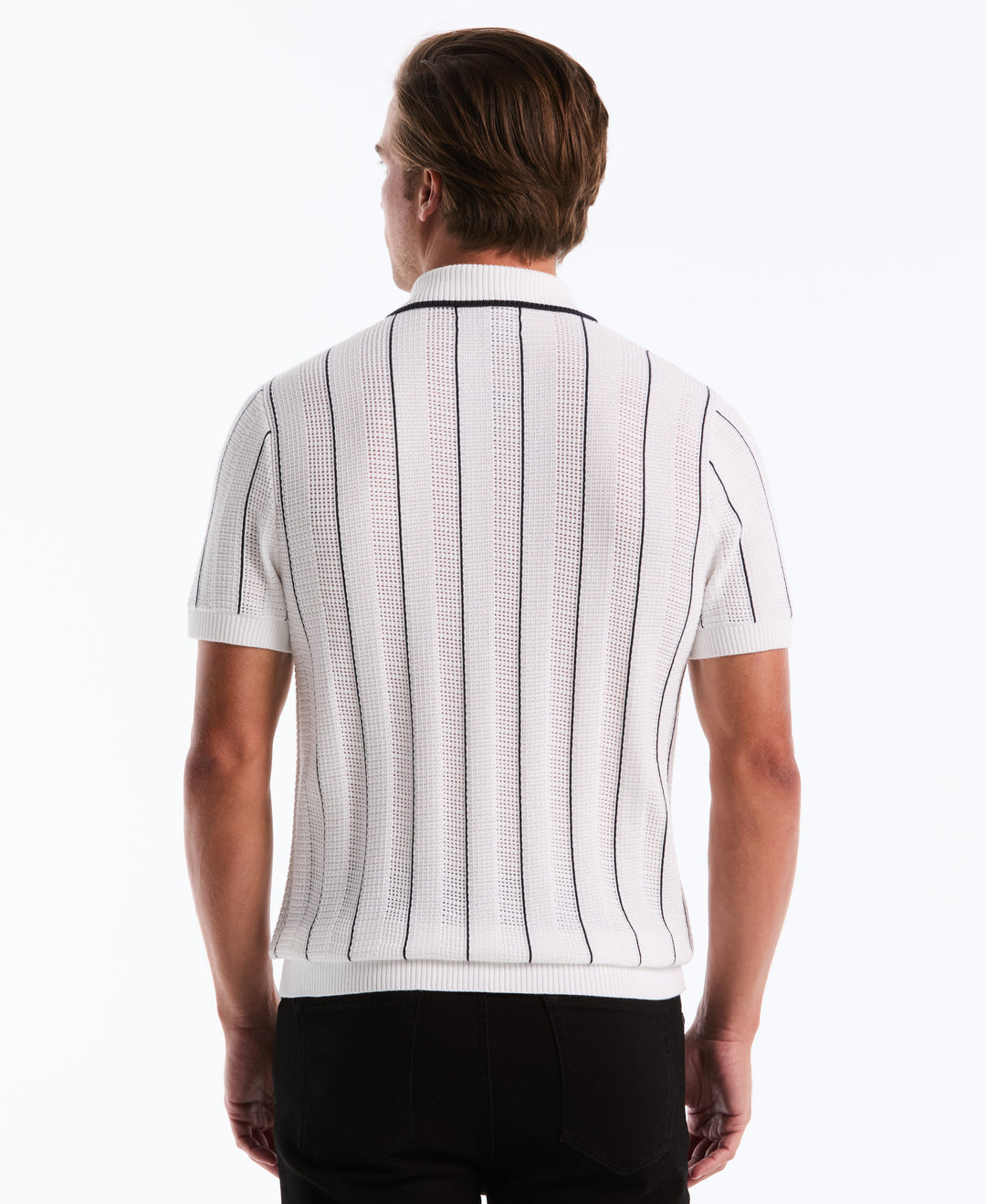 Cotton Vertical Mesh Stripe Polo Sweater (Bright White) 