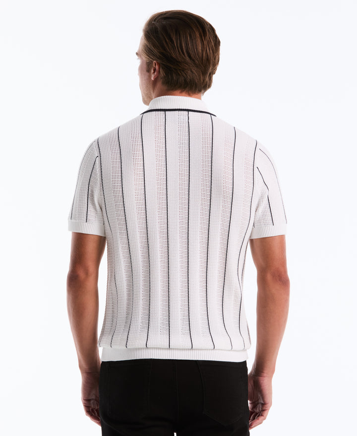 Cotton Vertical Mesh Stripe Polo Sweater (Bright White) 