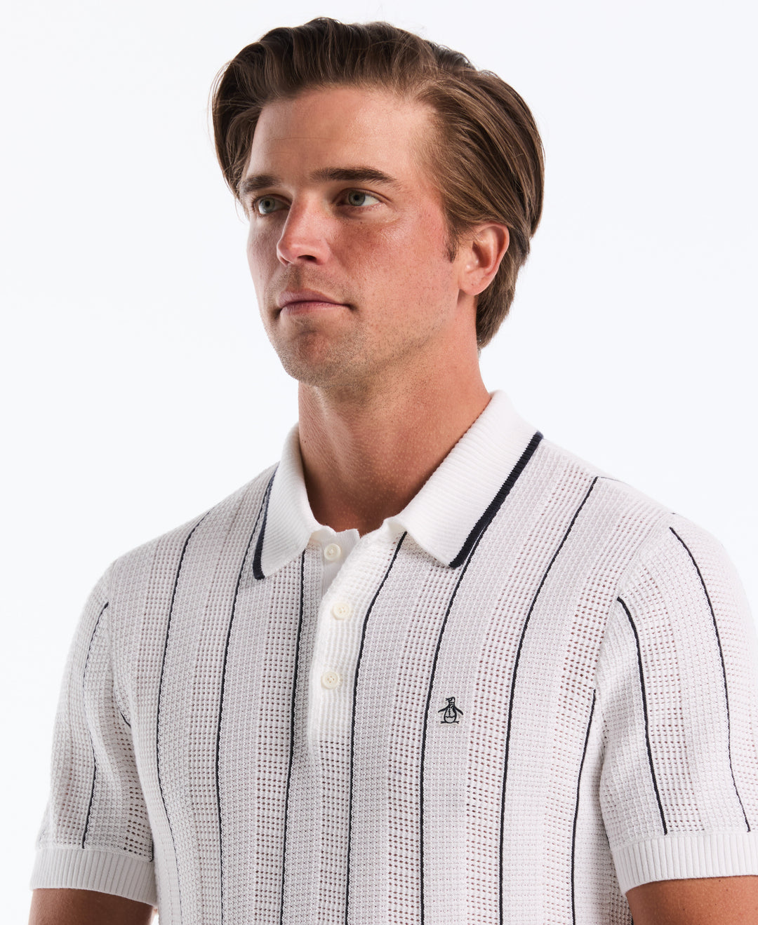 Cotton Vertical Mesh Stripe Polo Sweater (Bright White) 