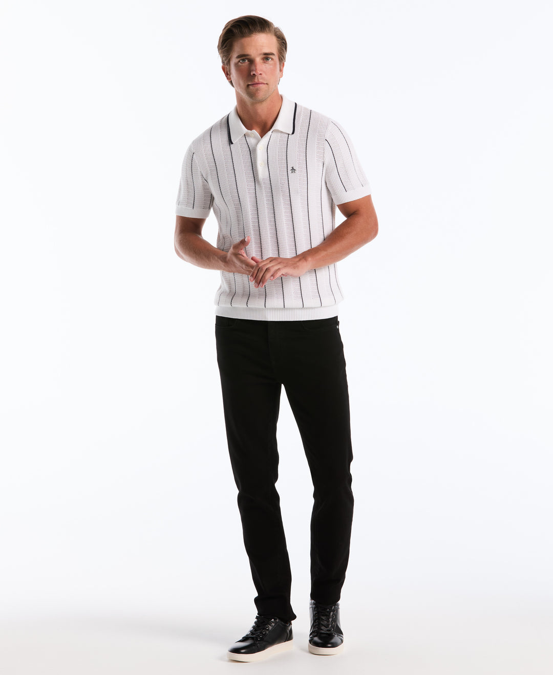 Cotton Vertical Mesh Stripe Polo Sweater (Bright White) 