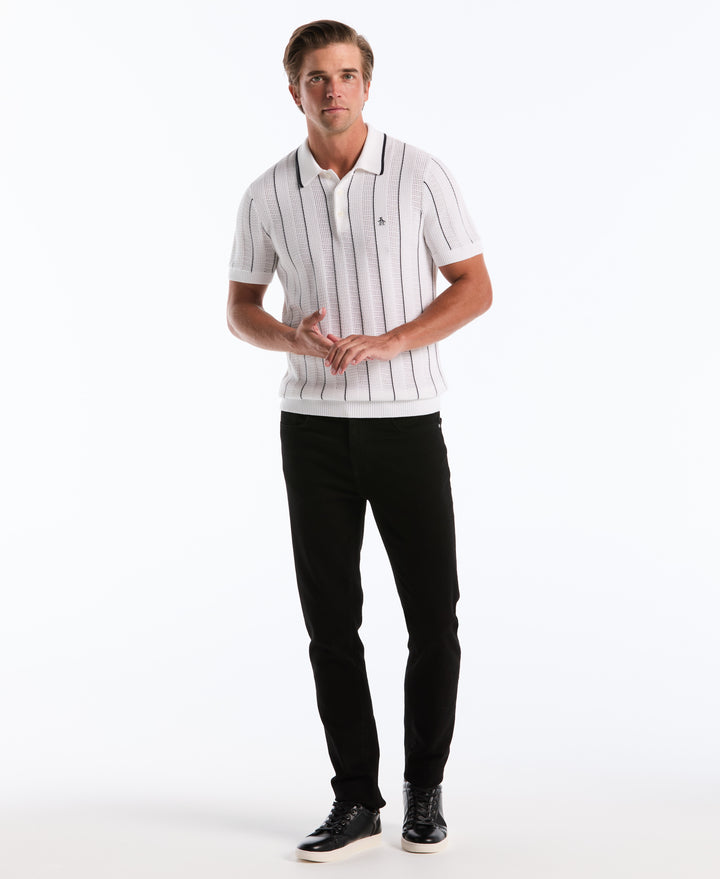 Cotton Vertical Mesh Stripe Polo Sweater (Bright White) 
