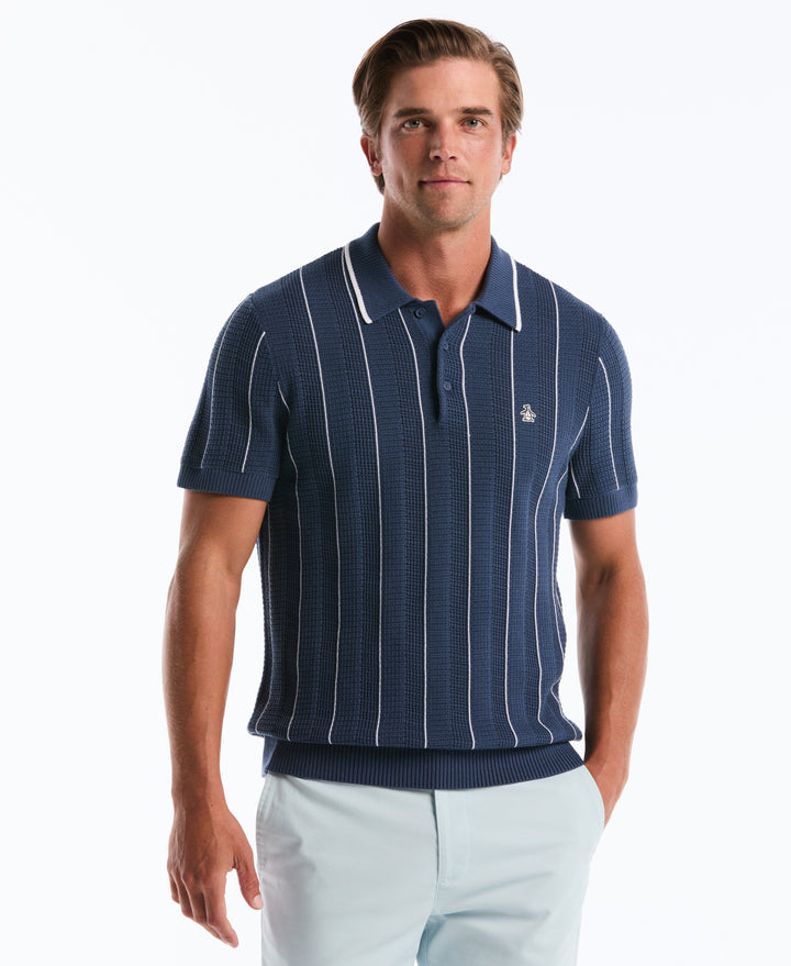 Cotton Vertical Mesh Stripe Polo Sweater (Sargasso Sea) 
