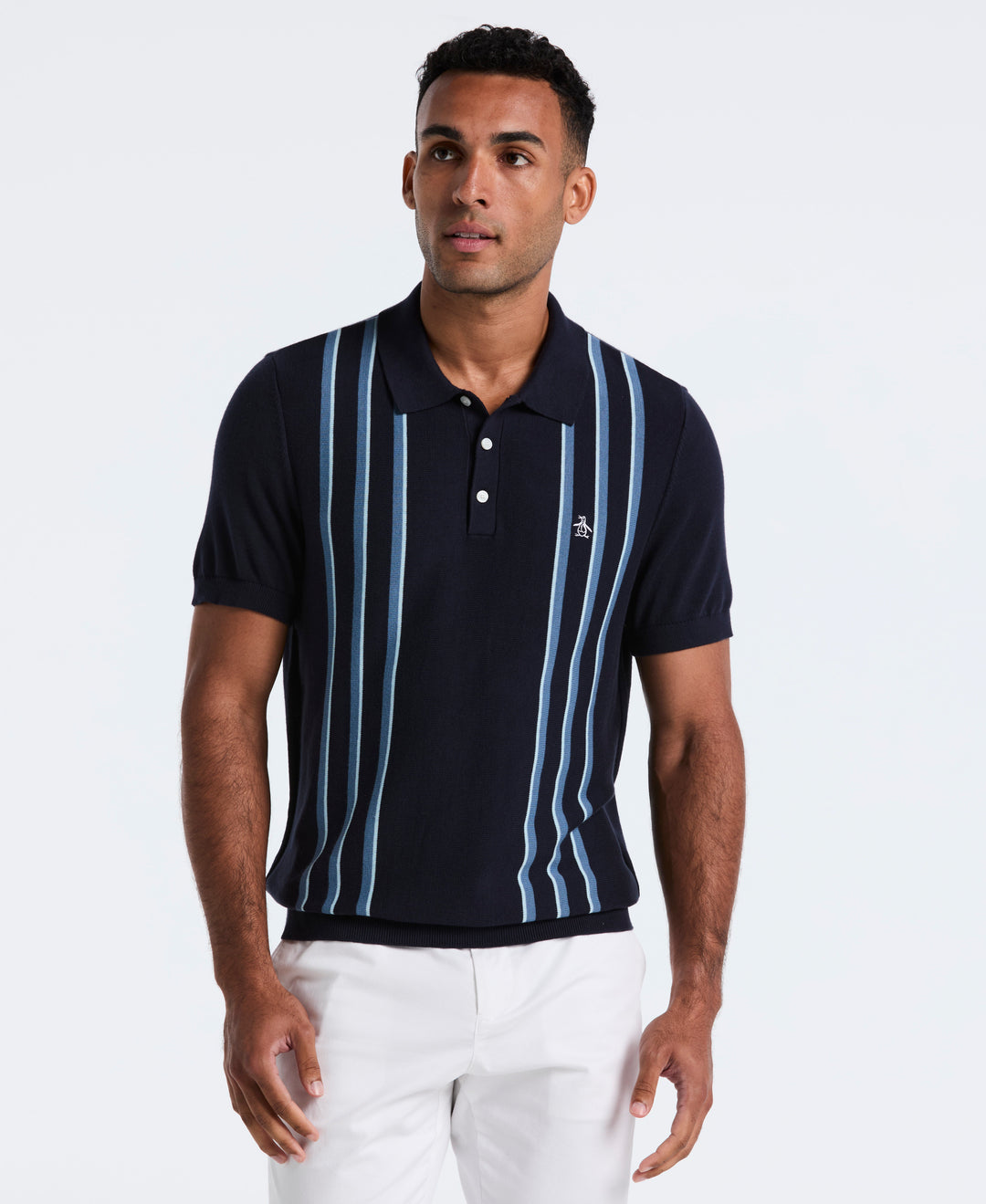 Cotton Vertical Stripe Sweater Polo (Dark Sapphire) 