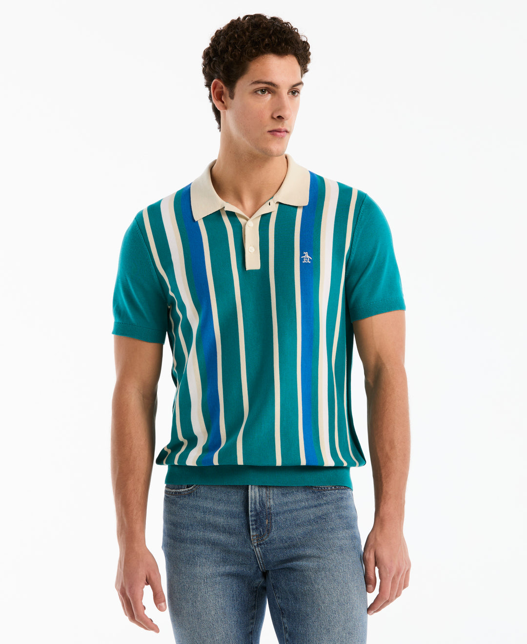 Cotton Vertical Stripe Sweater Polo (Deep Lake) 
