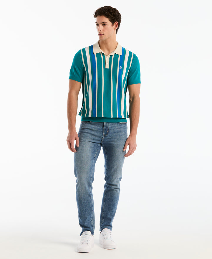 Cotton Vertical Stripe Sweater Polo (Deep Lake) 