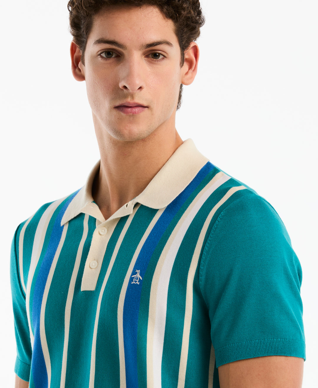 Cotton Vertical Stripe Sweater Polo (Deep Lake) 