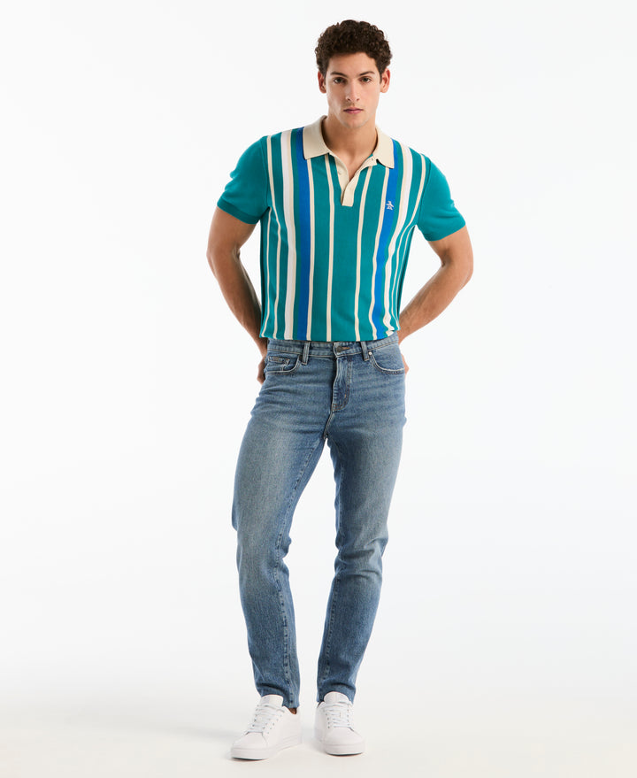 Cotton Vertical Stripe Sweater Polo (Deep Lake) 