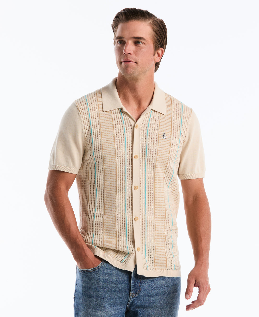 Jacquard Vertical Stripe Cotton Sweater (Birch) 