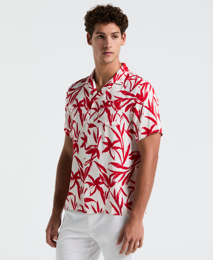 Wave Floral Print Camp Shirt (True Red) 