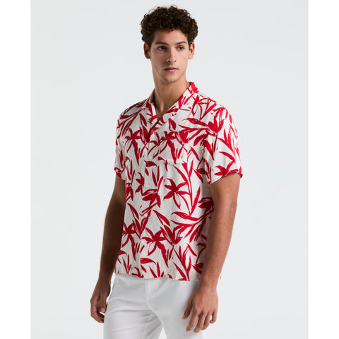 Wave Floral Print Camp Shirt (True Red) 