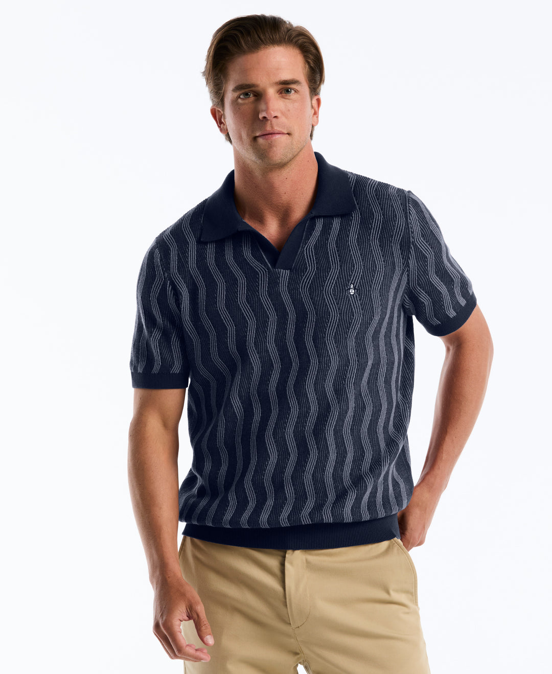 Wavy Jacquard Johnny Collar Sweater Polo (Dark Sapphire) 