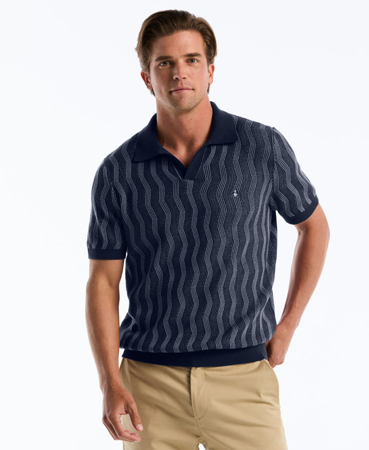 Wavy Jacquard Johnny Collar Sweater Polo (Dark Sapphire) 