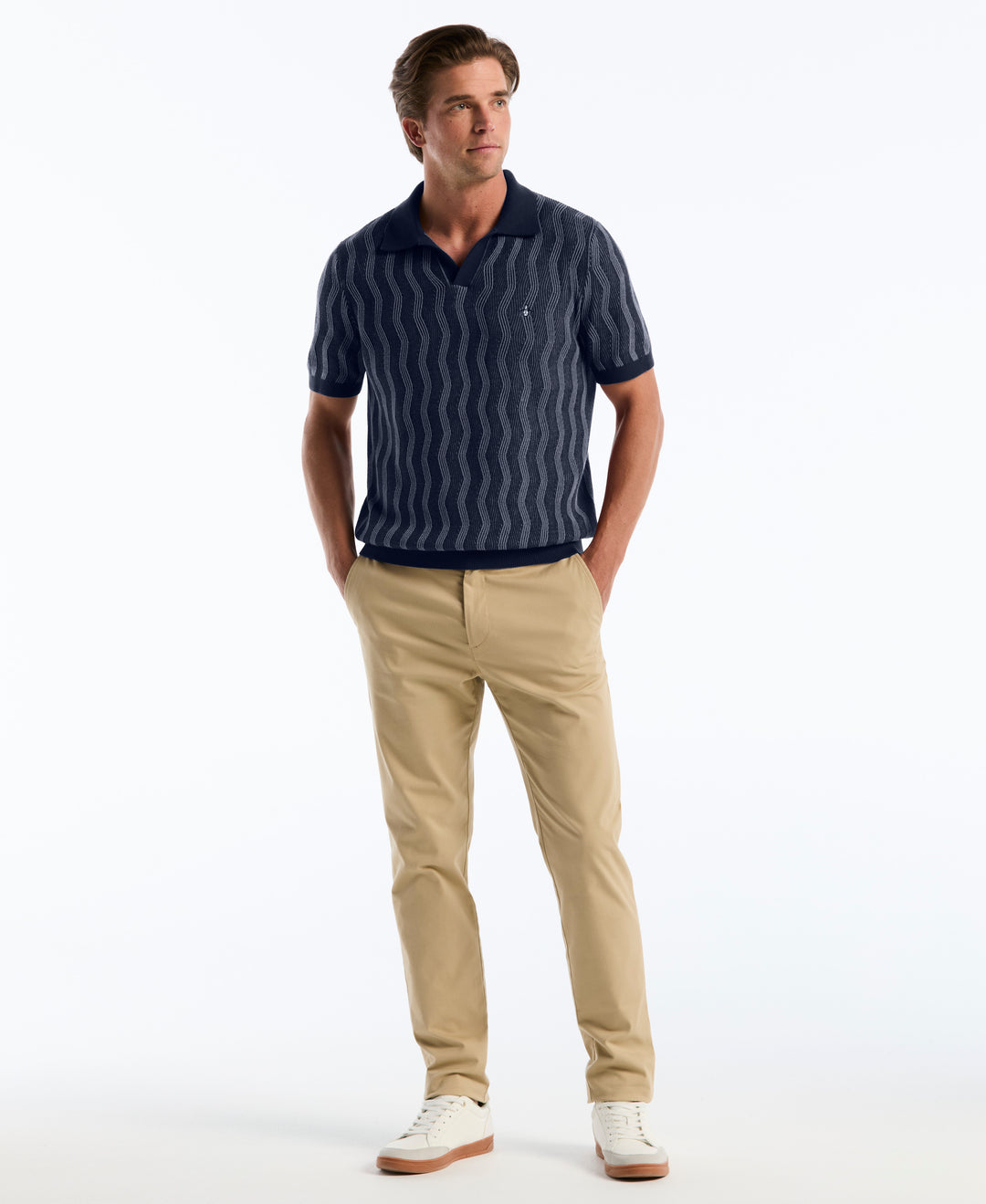 Wavy Jacquard Johnny Collar Sweater Polo (Dark Sapphire) 