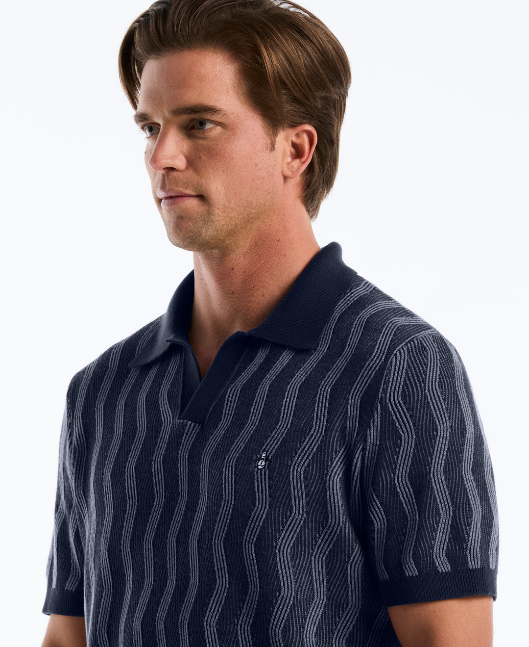 Wavy Jacquard Johnny Collar Sweater Polo (Dark Sapphire) 