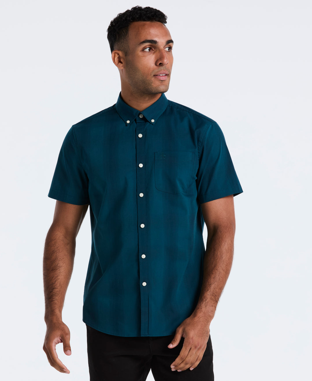 Original Penguin Men's Weave Tonal Plaid Short Sleeves Shirt in Reflecting Pond/Blue, Size Small Original Penguin Men's Weave Tonal Plaid Short Sleeves Shirt in Reflecting Pond/Blue, Size Small
