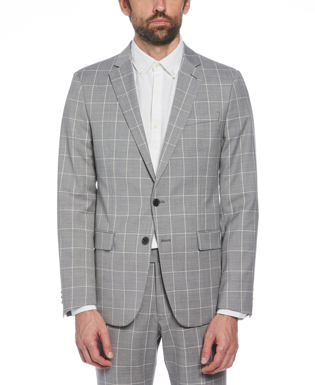 Light Grey Windowpane Plaid Wool Blend Two Piece Suit (Light Grey) 