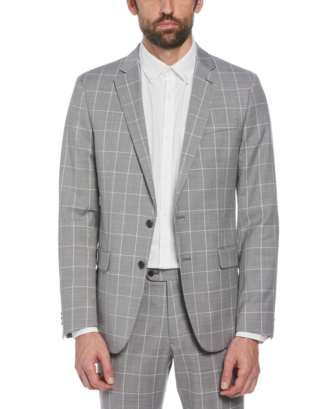 Light Grey Windowpane Plaid Wool Blend Two Piece Suit (Light Grey) 