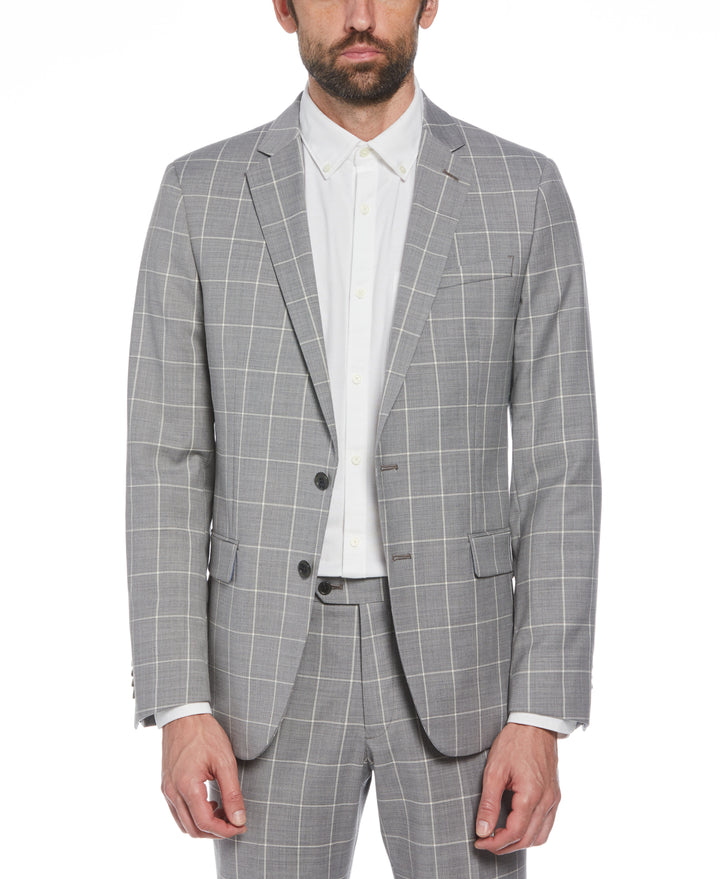 Light Grey Windowpane Plaid Wool Blend Two Piece Suit (Light Grey) 