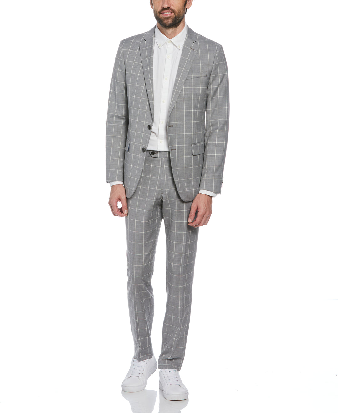 Light Grey Windowpane Plaid Wool Blend Two Piece Suit (Light Grey) 
