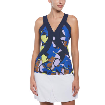Womens Criss-Cross Floral Tank Top (Black Iris) 