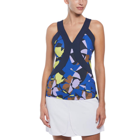 Womens Criss-Cross Floral Tank Top (Black Iris) 