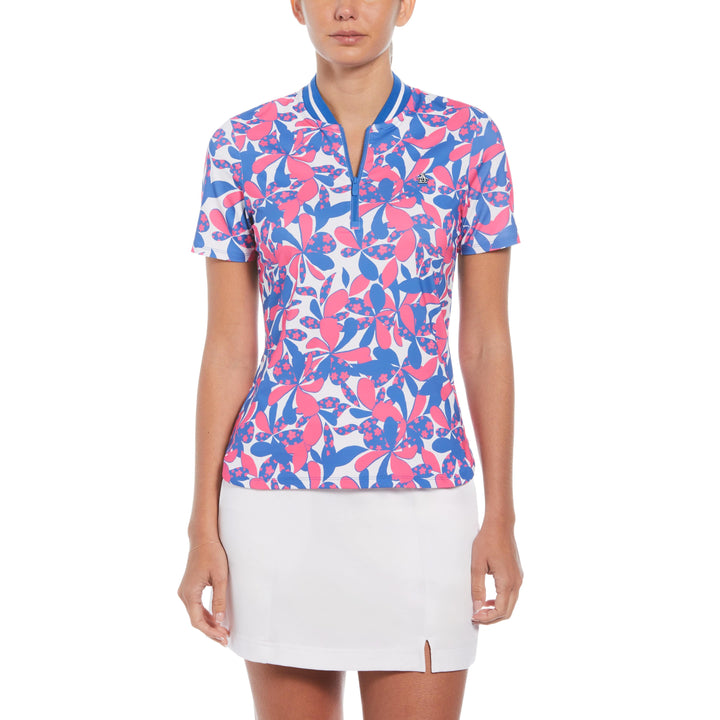 Original Penguin Women s Floral Print Mock Neck Golf Polo Short Sleeve in Cheeky Pink Size Small Polyester Recycled Polyester Elastane